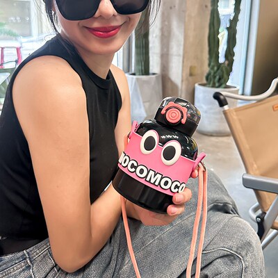 创意显眼包保温杯l女生高颜值可爱大肚杯大容量便携可斜挎吸管水