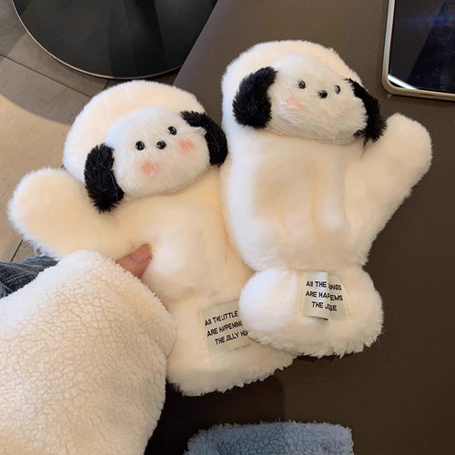 2025新款可爱毛绒手套女冬季小狗保暖加绒加厚全包连指学生骑行