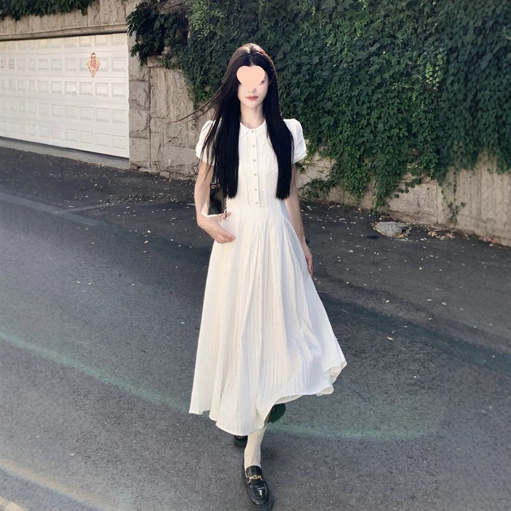 miu系清纯甜美衬衫裙女夏季初恋感减龄长短款白色泡泡袖a字连衣裙