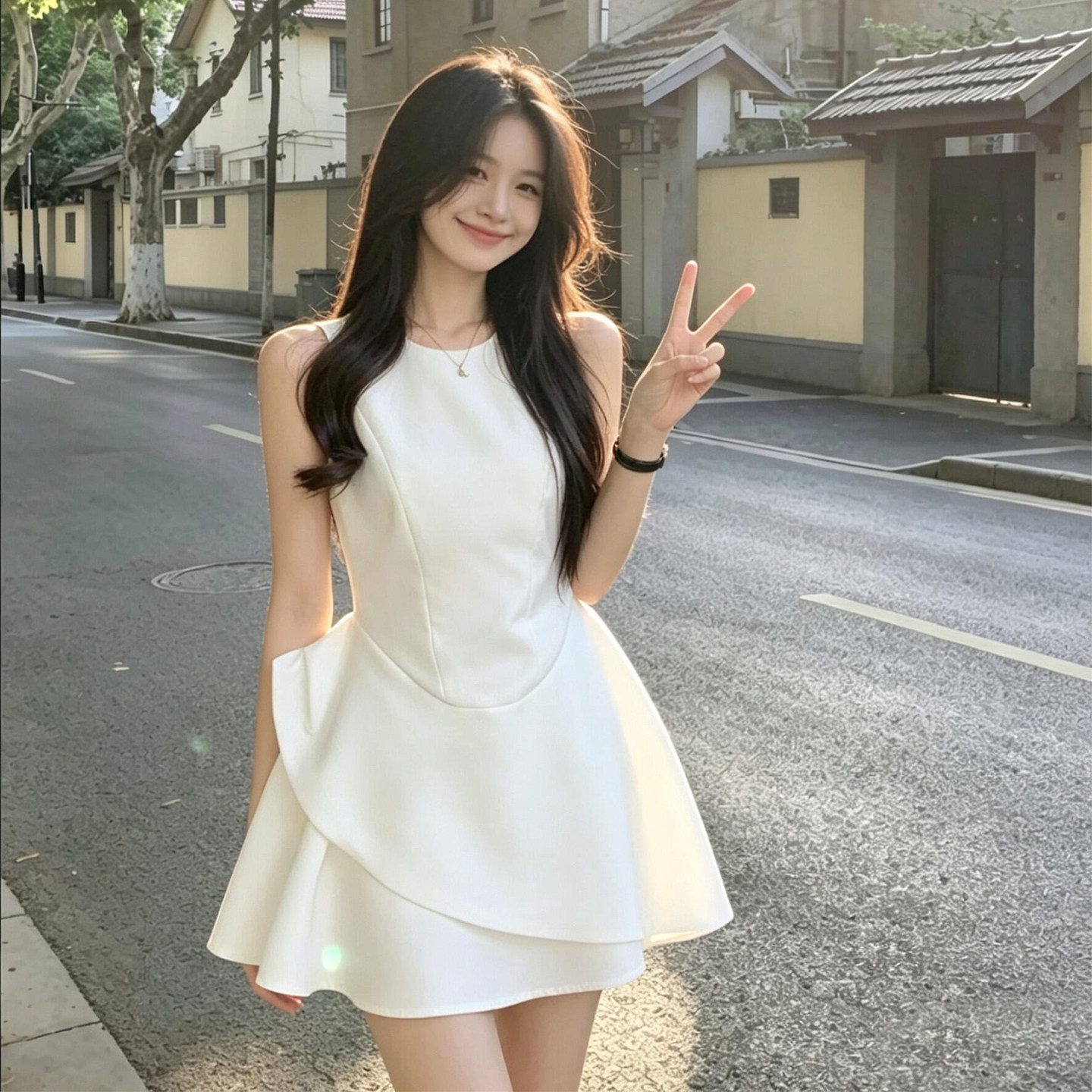 白色清纯高级感穿搭女夏法式无袖收腰轻礼服短裙子吊带背心连衣裙