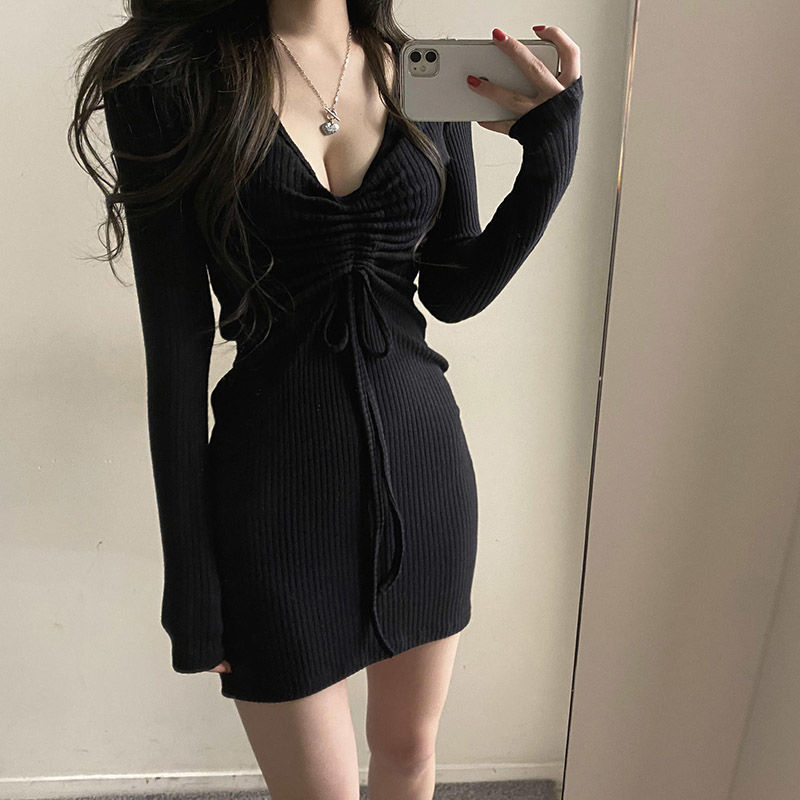 韩版女人味性感抽绳V领紧