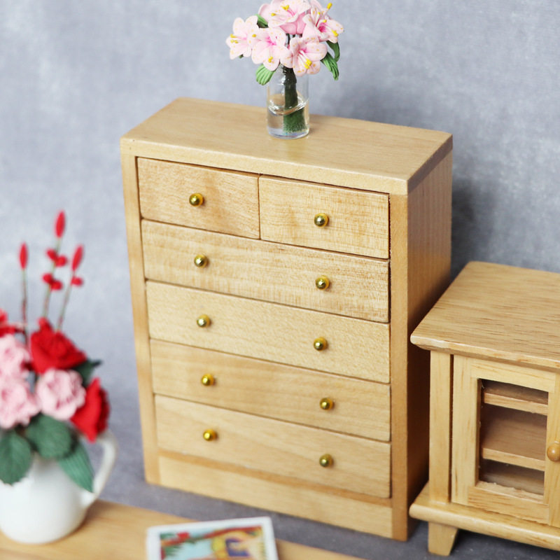 1:12娃娃屋dollhouse迷你家具五斗柜原木色实木多抽屉收纳储物柜