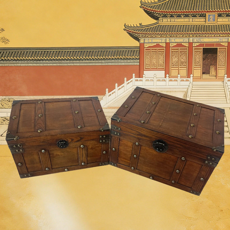 仿古百宝箱复古木质长方形整理盒子创意收纳套装带锁木箱子扁木盒