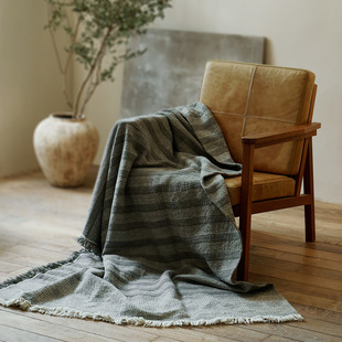 复古慵懒风做旧棉麻亚麻强缩色织提花毯沙发垫盖毯床盖245*250cm