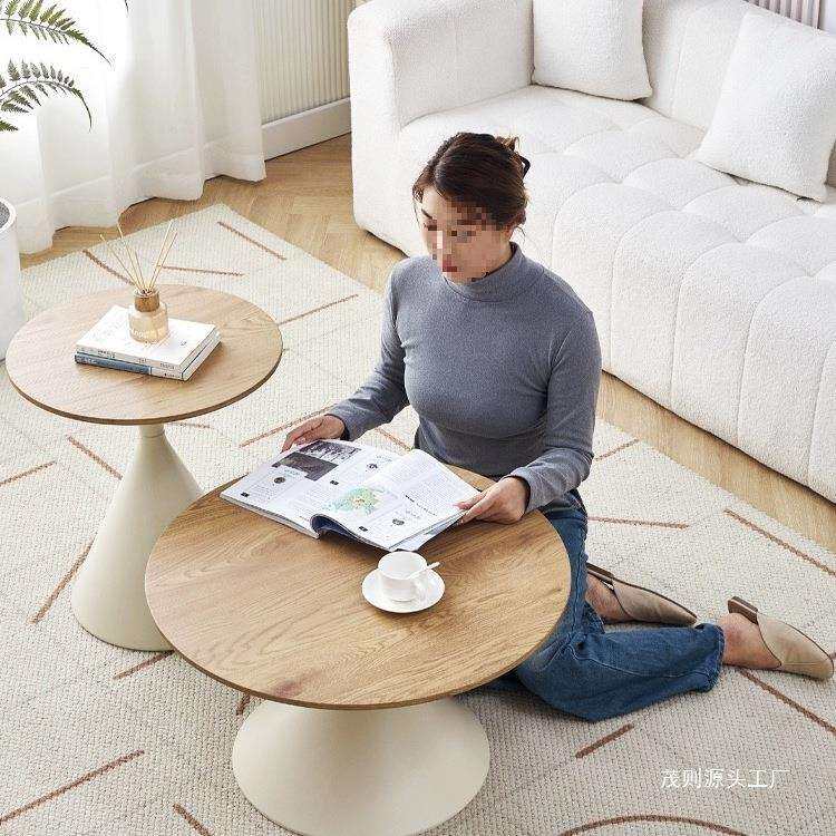奶油风实木茶几家用极简客厅小户型现代简约感圆形可移动边几