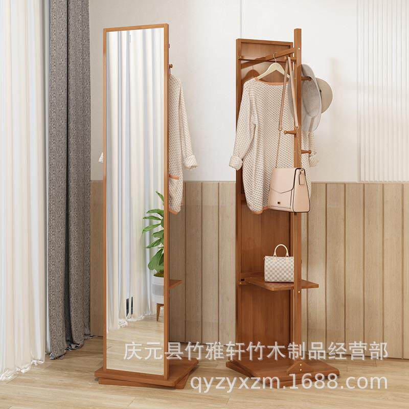 实木全身镜落地镜家用卧室可旋转移动试衣镜带挂衣架一体穿衣镜子