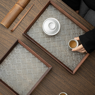 胡桃木窗花玻璃托盘四方高脚小茶盘家用放杯子收纳盘水果点心盘餐