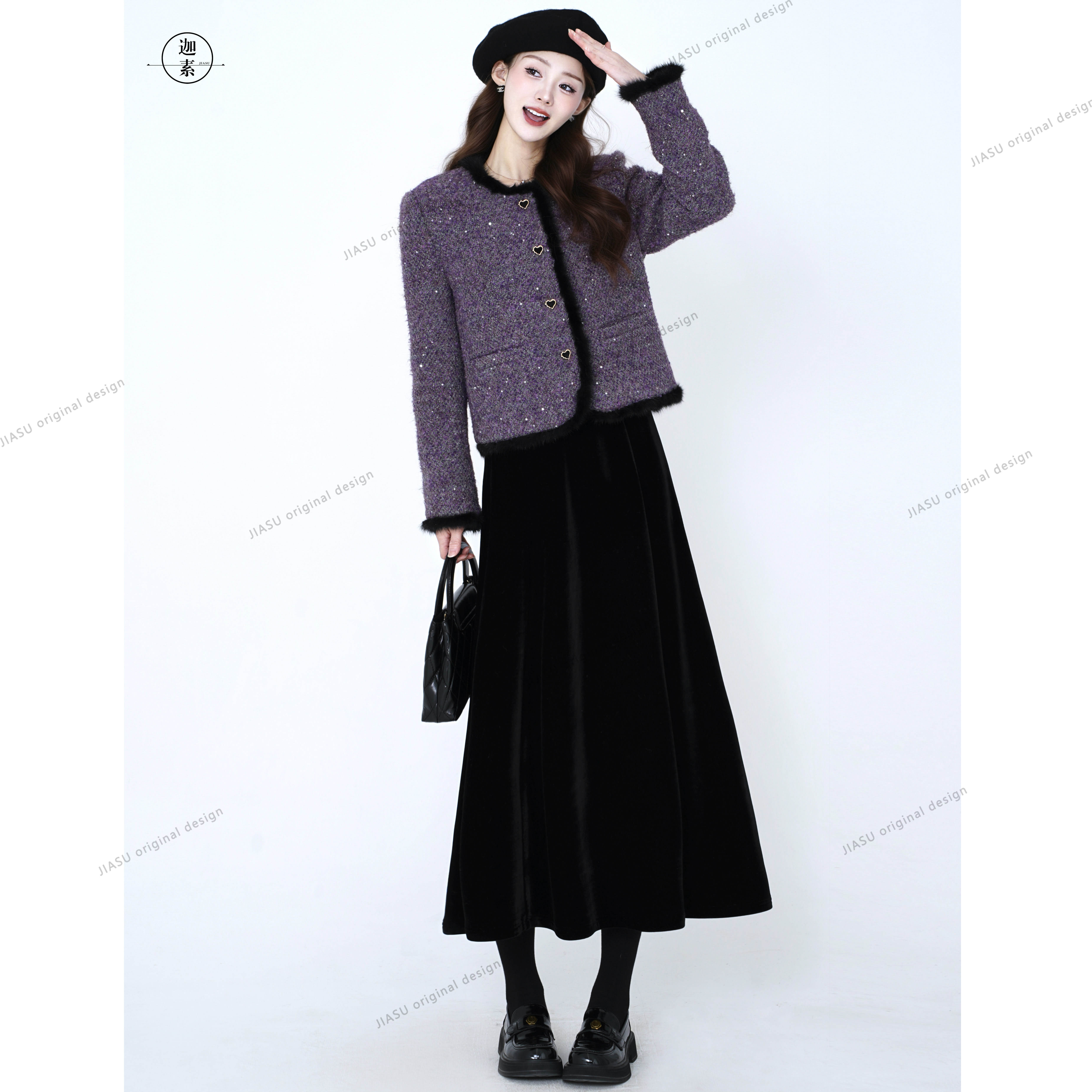 JIASU 【雾绒星织】水貂毛拼边羊毛小香风羽绒套装S606