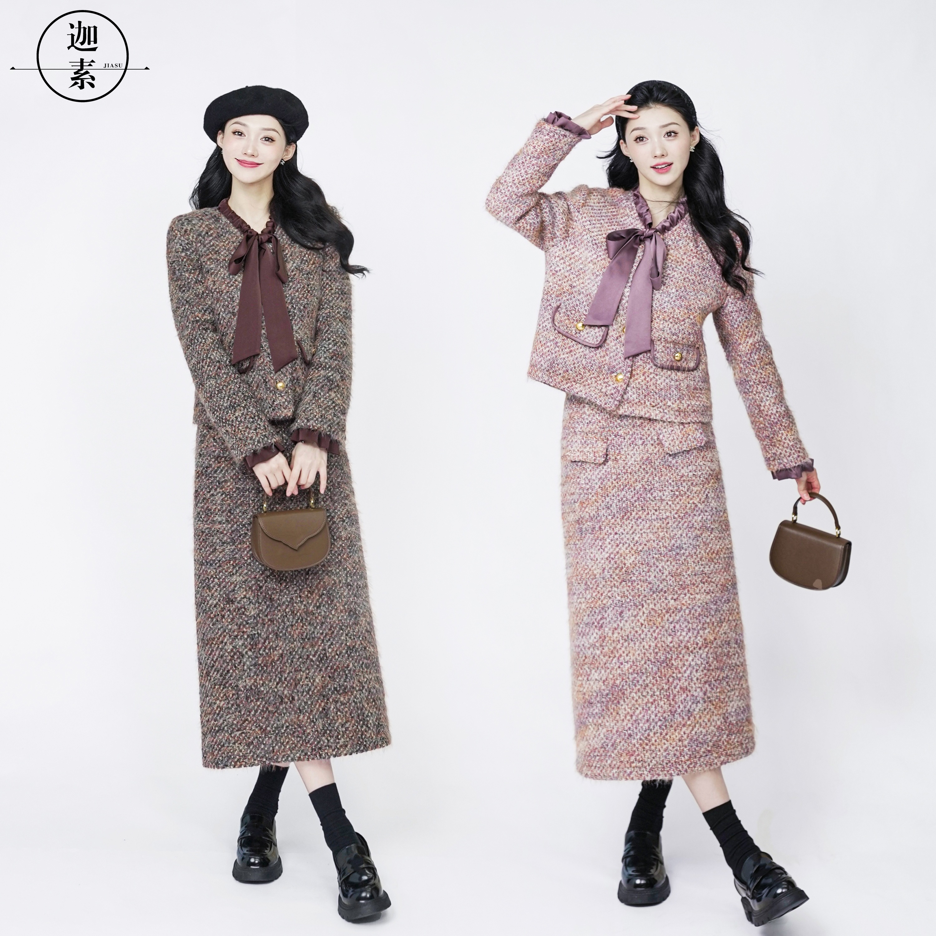 JIASU【鎏金岁月】40羊毛花纱编织显瘦小香套装羽绒迦素 S398