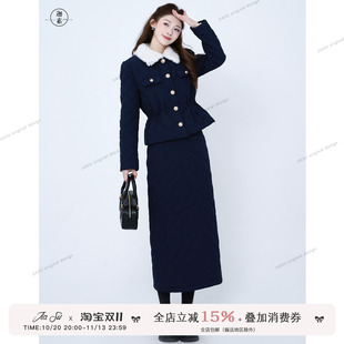 JIASU【邮差的冬信】小香羽绒服套装女翻领菱格外套半裙两件套