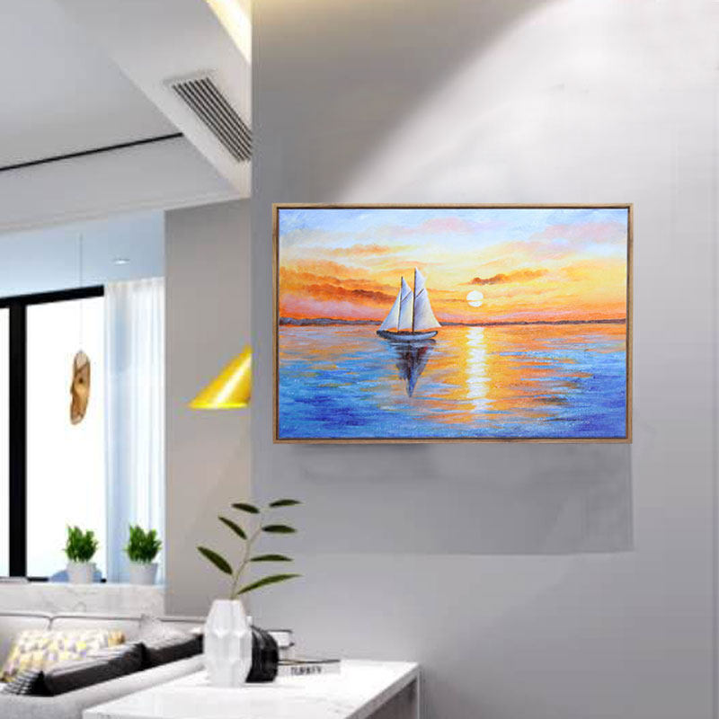一帆风顺纯手绘油画玄关装饰画奶油风客厅抽象大海风景肌理画挂画