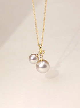 Akoya海水珍珠18K金钻石小樱桃珍珠项链锁骨链情人节送女友老婆