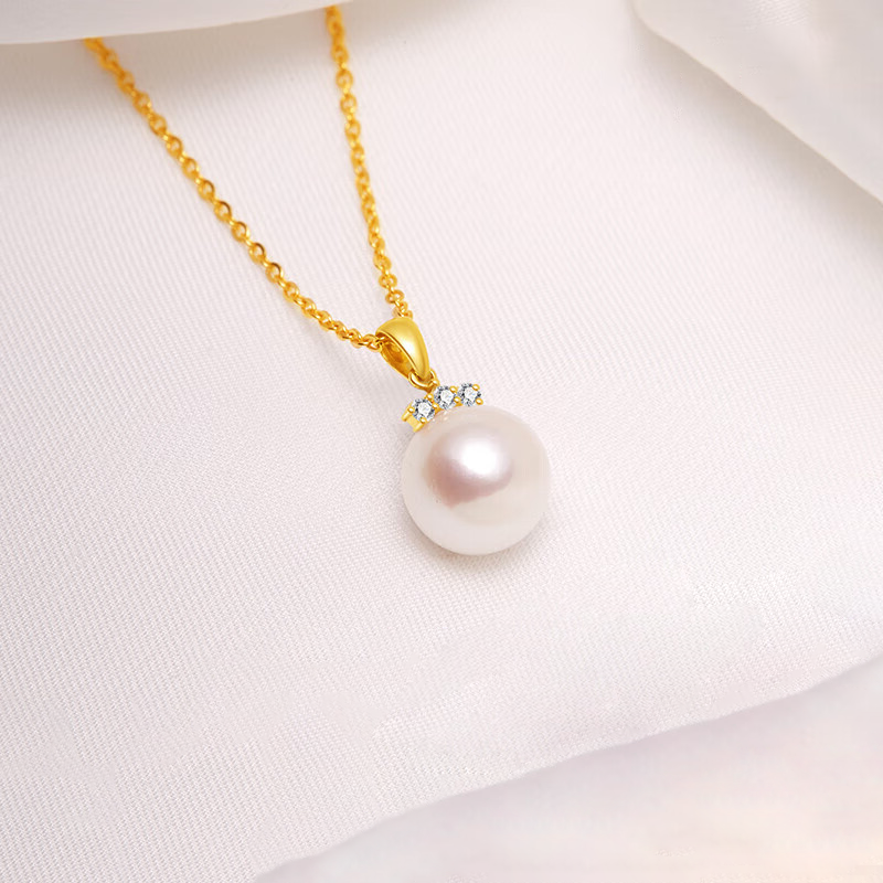 18K金镶钻石强光珍珠项链珍珠吊坠女首饰送老婆女友生日节日礼物