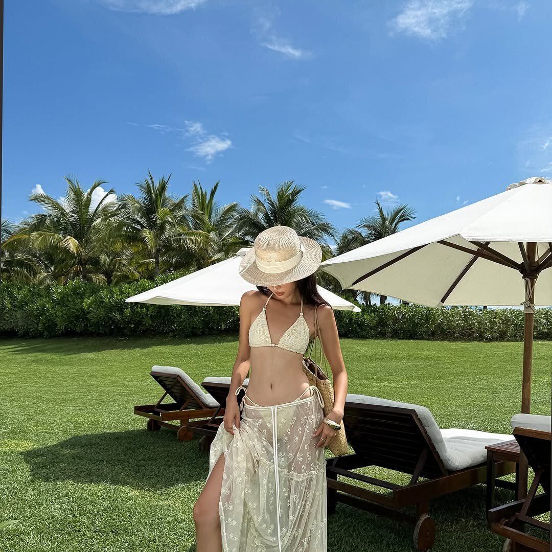 度假风蕾丝罩衫吊带比基尼女分体三件套海滩泳衣性感超长裹裙套装