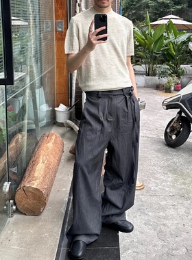 ONEER 条纹飘带西裤 TR混纺立体裁剪A字休闲裤 腰绑双褶通勤长裤