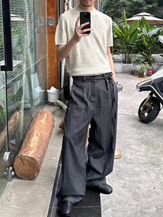 腰绑双褶通勤长裤 TR混纺立体裁剪A字休闲裤 条纹飘带西裤 ONEER