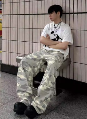 ONEER水洗做旧口袋阔腿宽松cleanfit直筒伞兵裤迷彩口袋工装裤