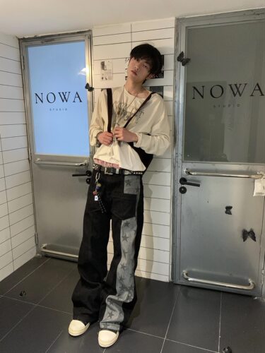 Nova 异色拼接满印星星直筒13盎司挺阔街头直筒原浆黑牛仔裤