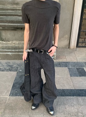 ONEER 黑色深蓝色条纹原牛14oz水洗直筒微喇阔腿A字牛仔裤百搭