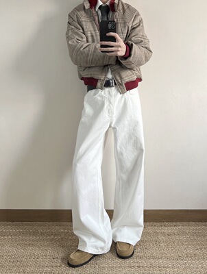 ONEER马毛皮牌白牛 A字直筒14.5盎司弯刀原色洗水牛仔长裤