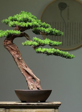 仿真迎客松盆景酒店办公室玄x关桌罗汉松摆件客厅电视柜家居装饰