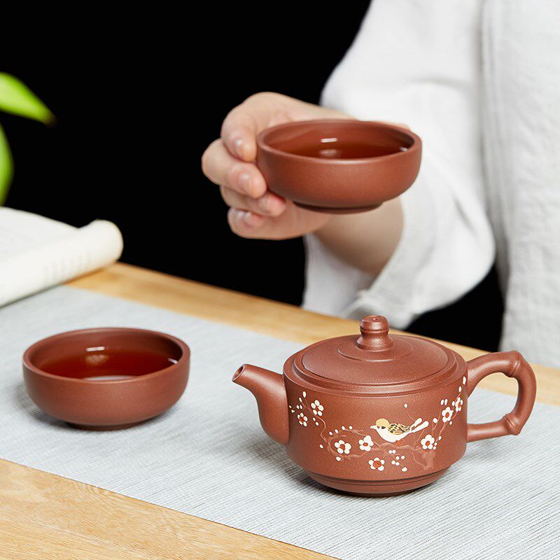 宜兴紫砂快e客杯户外便携包式一壶二杯茶具套装旅游随行陶瓷泡茶