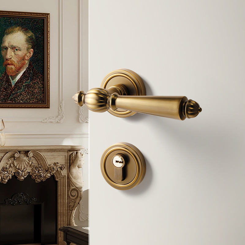 法式卧室门锁室内房间木门锁黄古铜E复古门把手磁吸静音欧式房门