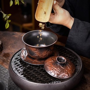 紫陶盖碗茶杯f大号家用紫砂纯手工西施浮雕泡茶碗陶瓷高档功夫茶