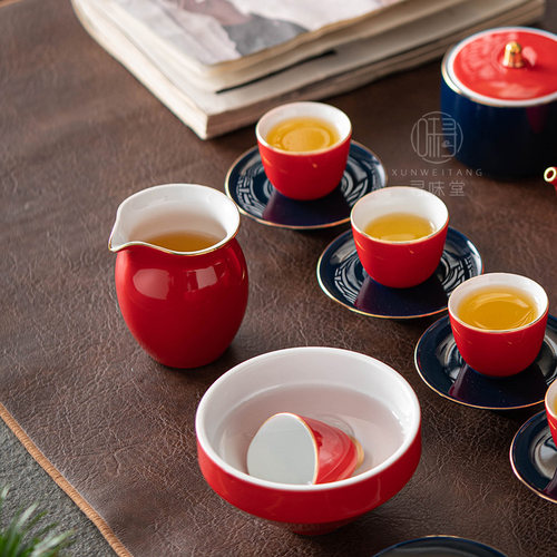 霁红釉描金公道j杯寻味堂中式茶海分茶杯匀杯家用陶瓷功夫茶具