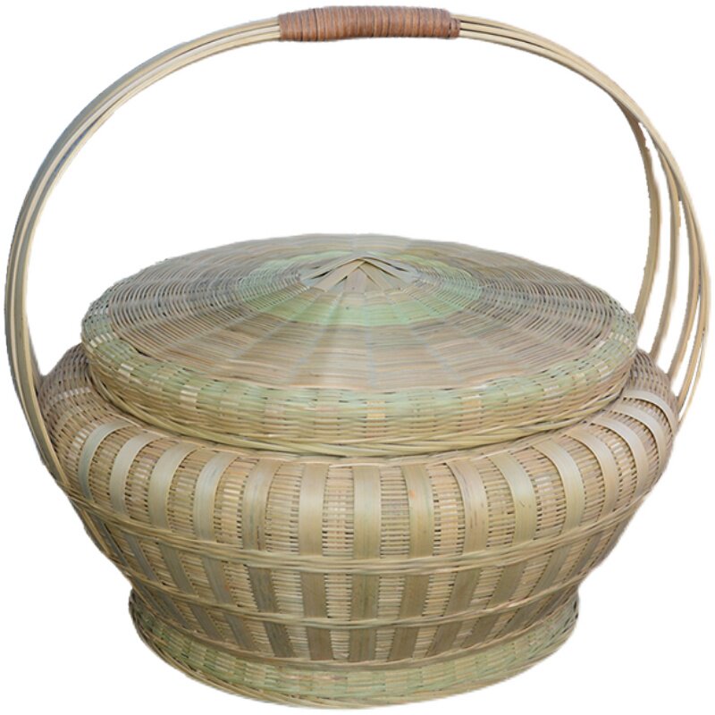 手提竹编带盖篮子纯手工编织x圆形礼盒 家居收纳篮户外野餐糕点篮