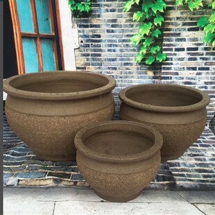 圆形拉毛泥做旧灰色陶盆 u透气 园林装饰 种花园摆设家居宜兴陶瓷