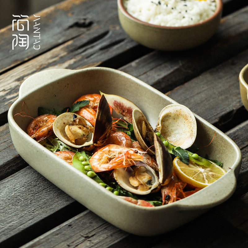 家用陶瓷烤盘芝士焗饭q碗烤箱专用简约深碗碟复古餐具双耳碗菜盘