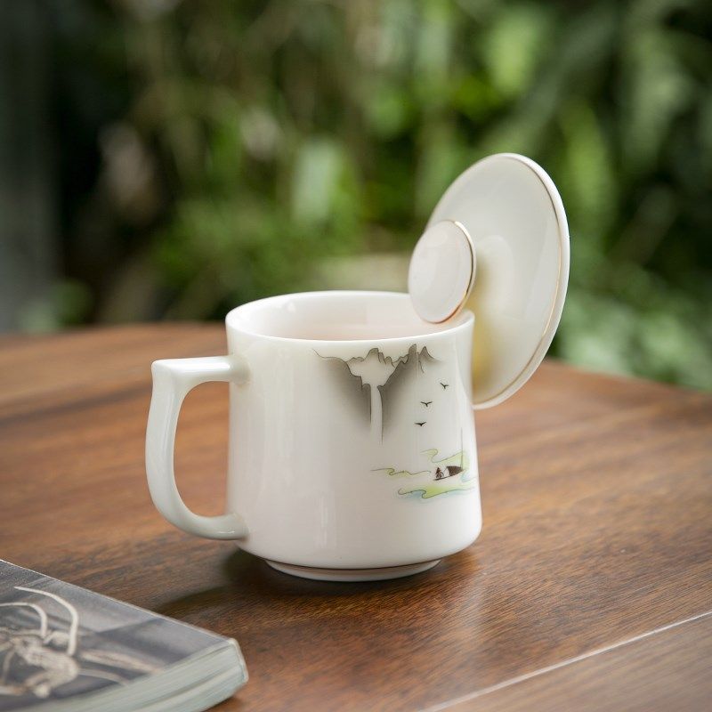 羊脂玉瓷办公杯轻奢陶瓷茶u杯个人专用带盖马克杯会议水杯家用杯