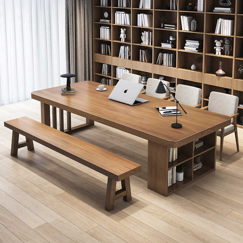 家用大长实木书柜一体写字桌北欧