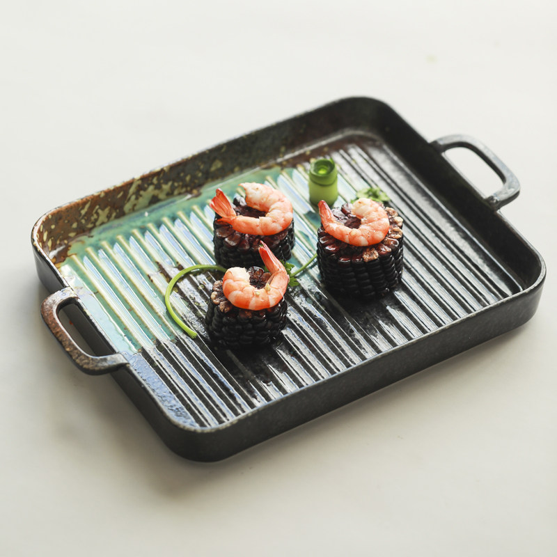 家用烤盘陶瓷菜盘l子复古简约烤箱专用烘培西餐餐具双耳焗饭盘家
