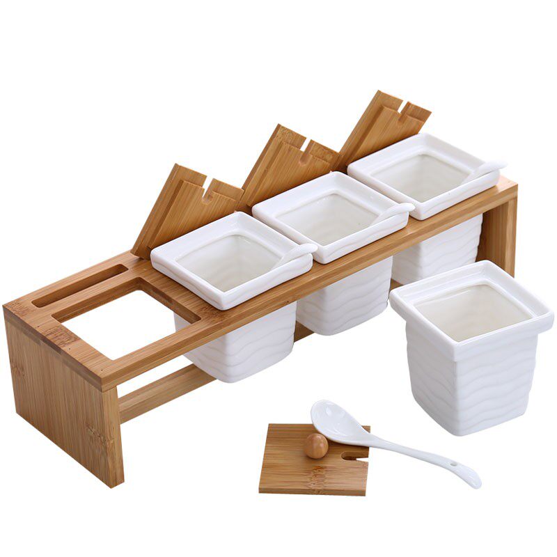 日式厨房陶瓷调味瓶调料罐四个套装调料盒家用调味罐.盐罐带架子