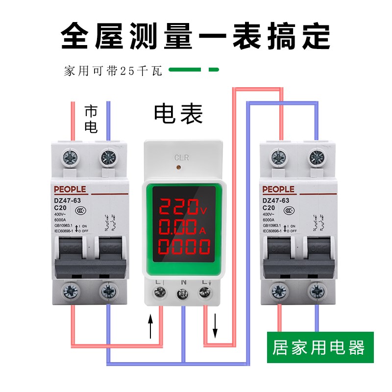 智能电表单相家用电度表交流电压表电H流表电能表高精度三显导轨
