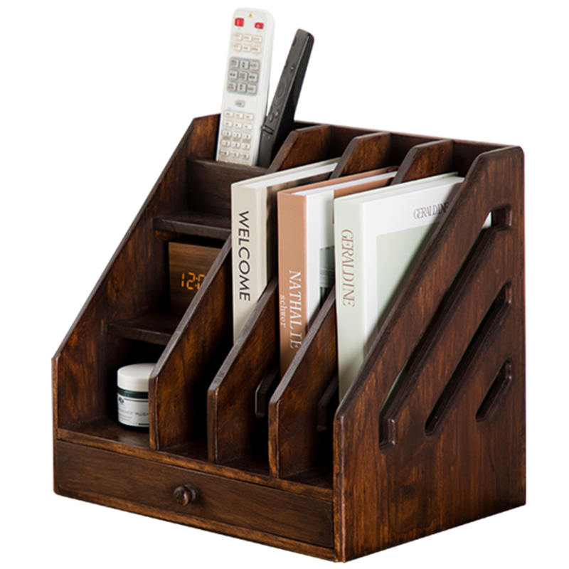 复古实木桌面书架办公室文件架收纳盒创意木质文具用品.杂志置物