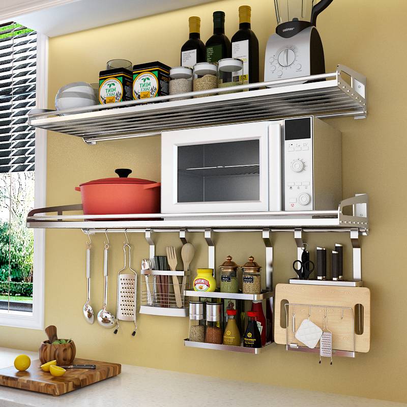 304不锈钢微波炉壁挂式厨房置物架 锅架烤箱刀U架调料收纳支架子