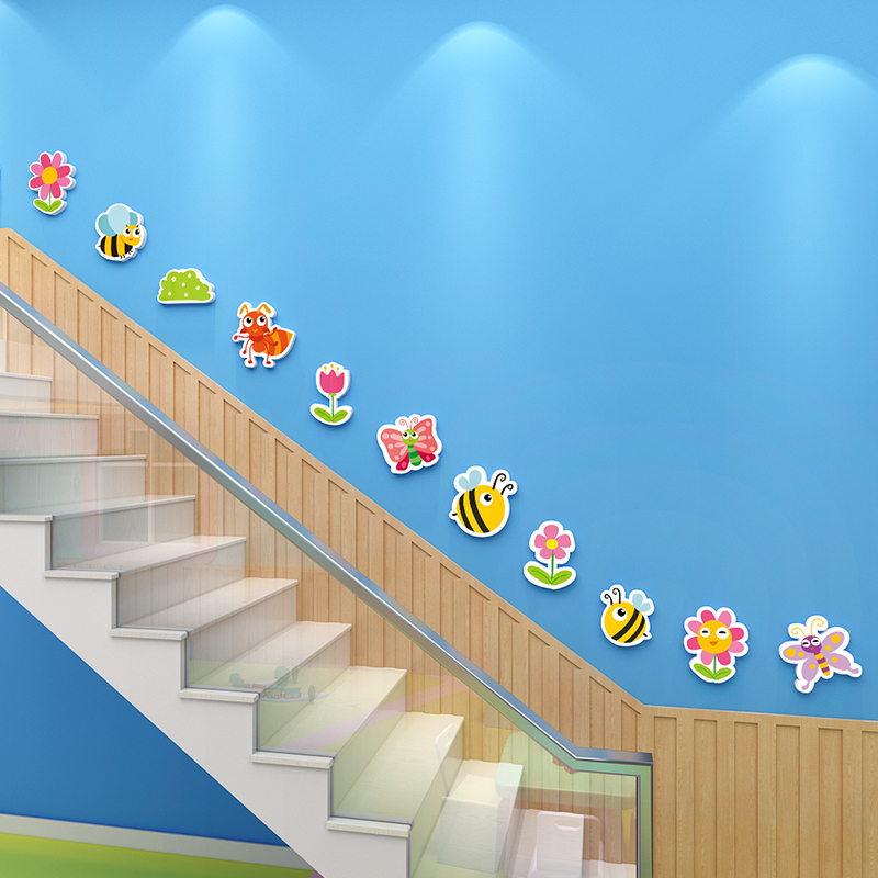 幼儿园楼梯墙面装饰走廊环创卡通小花小草动物踢脚板布Z置材料墙