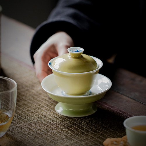 缃黄纯手绘竹隐陶瓷盖碗茶杯单个家用泡茶器不烫手功夫Y茶碗带盖