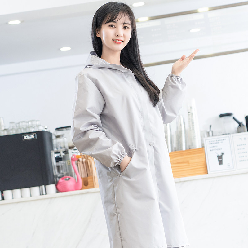韩版时尚拉链风衣式大人罩衣女士长袖防J水防油厨房围裙带帽工作