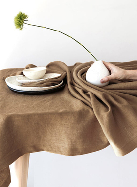 亚麻桌布布艺纯色棉麻ins长方形书桌餐桌台布inQs风简约桌垫野餐