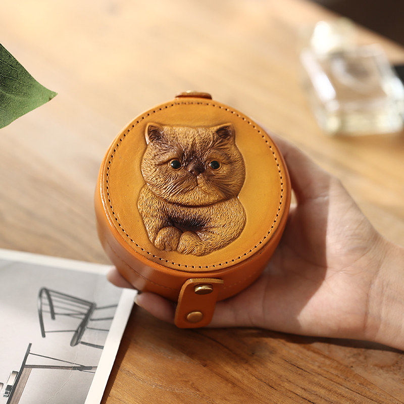 文创 小猫咪皮雕画小收纳盒植鞣牛皮复古真皮迷你化妆饰品盒子