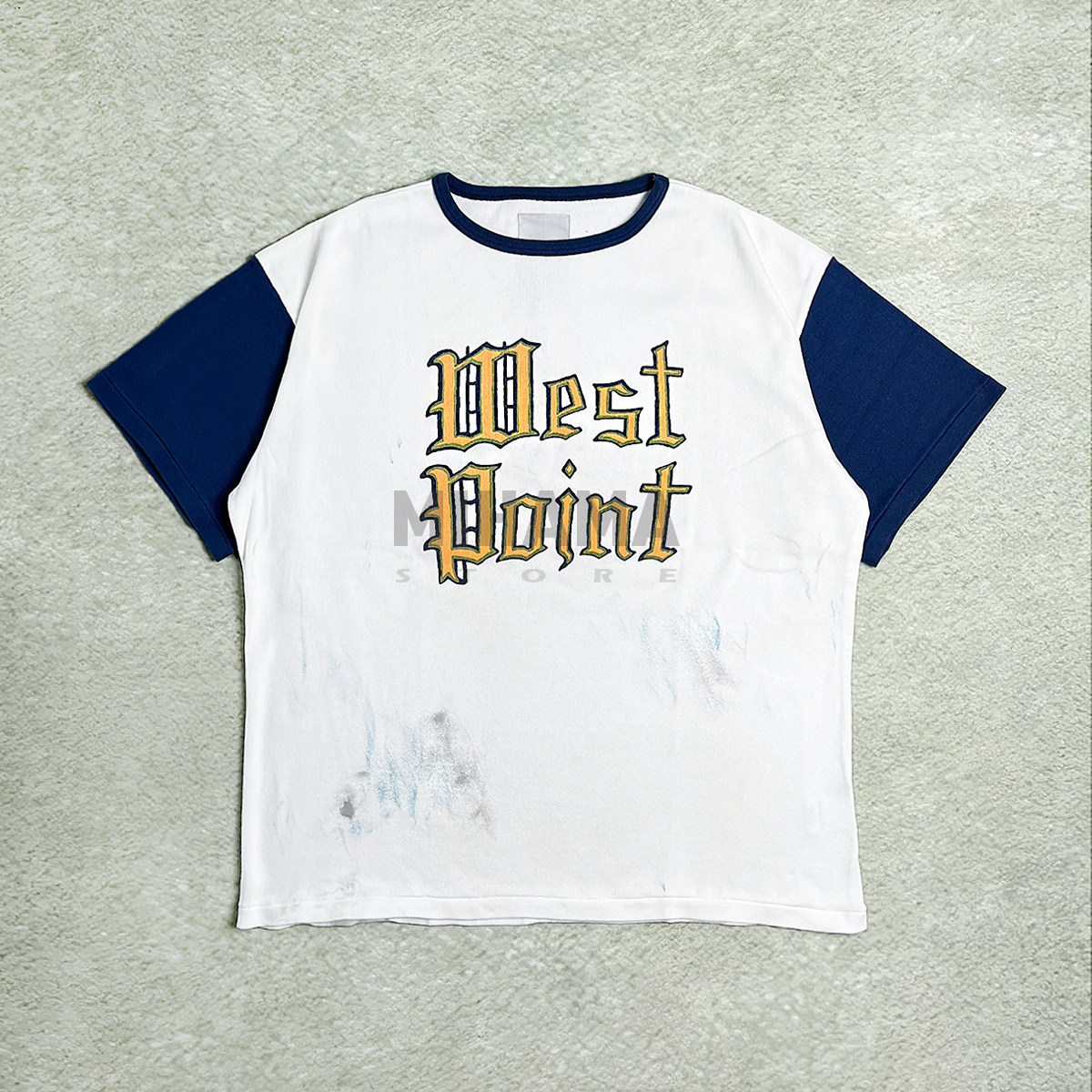 现货折扣 BOWWOW WEST POINT LOGO RIBBED SS做旧污渍印花短袖T恤 - 实物图