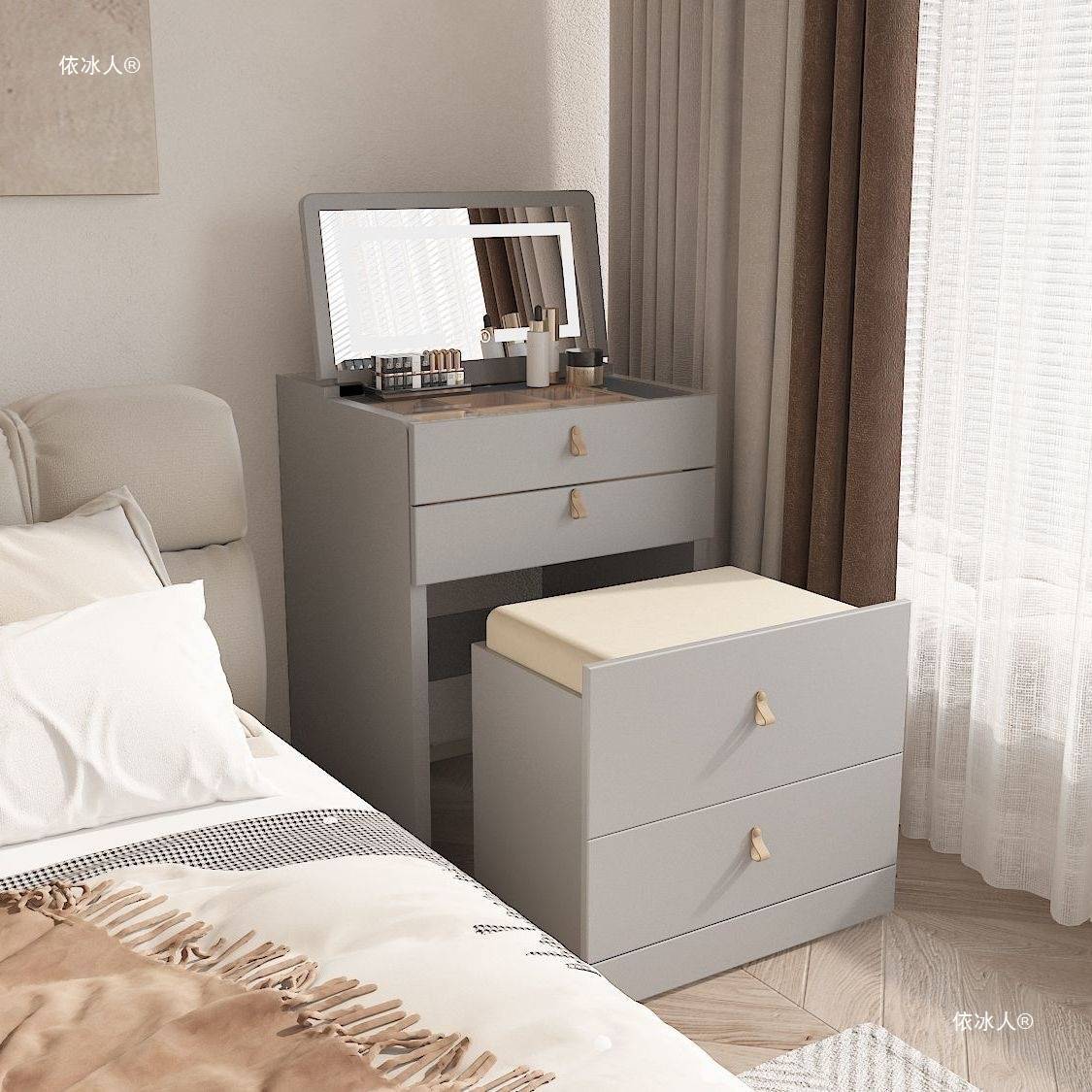 奶油风实木梳妆台镜子隐翻盖式床头化妆柜小户型卧室斗柜多功能