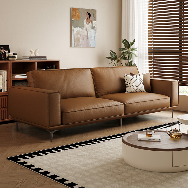 意式极简约焦糖色头层牛真皮沙发