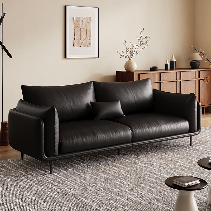意式极简约黑色真皮沙发