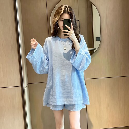 老钱风松弛感穿搭亚麻套装女夏季洋气减龄棉麻防晒上衣短裤两件套