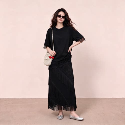 韩版蕾丝拼接T恤流苏半身裙套装女2026年夏季新款宽松显瘦两件套